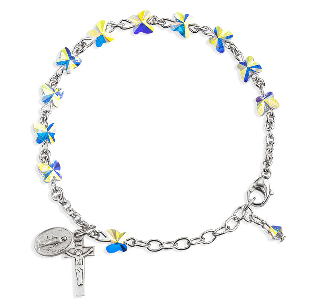 6mm Aurora Borealis Swarovski Crystal Butterfly Rosary Bracelet, Sterling Silver Medal and Crucifix