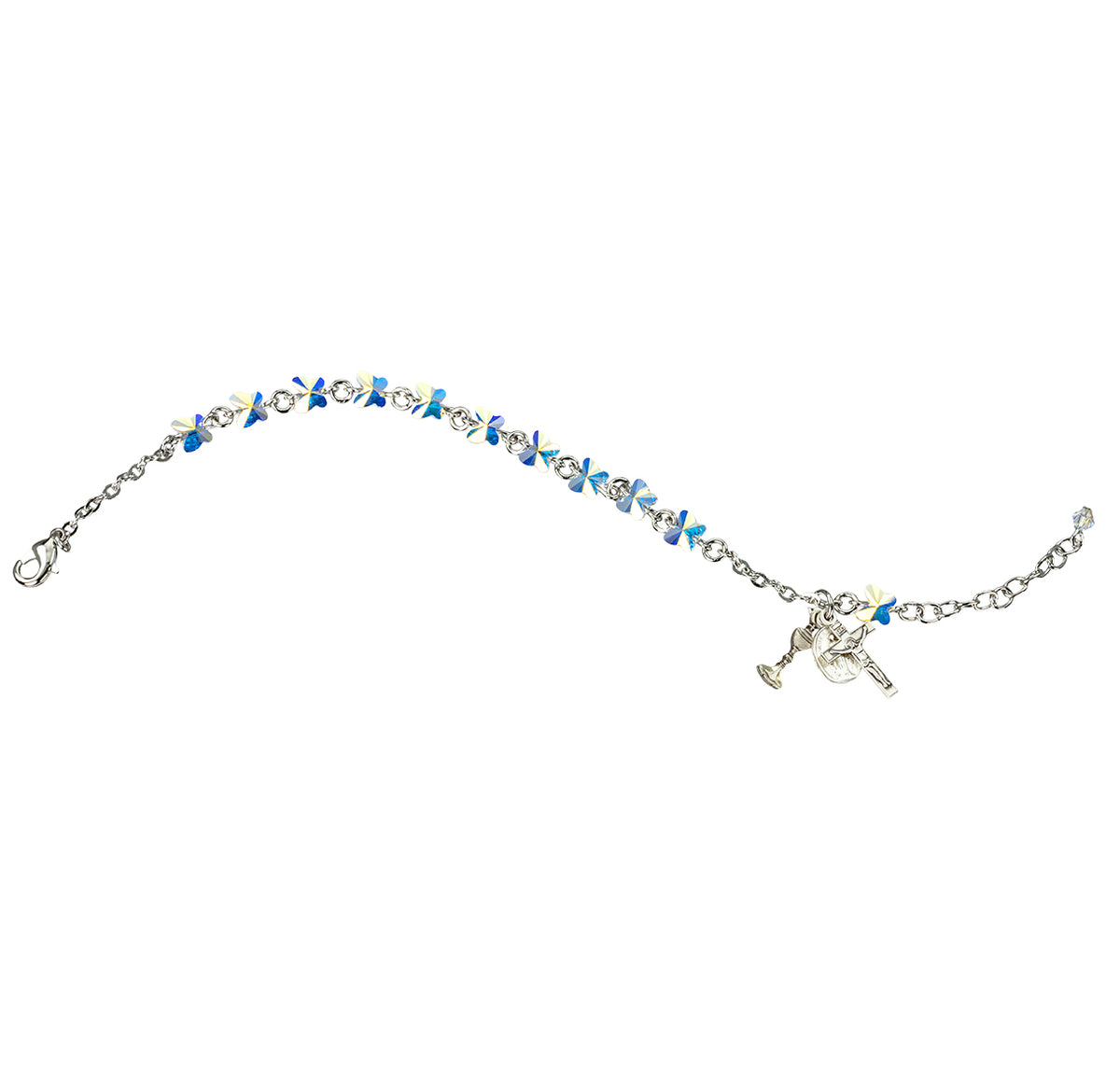 First Communion Rosary Bracelet, 6mm Aurora Borealis Swarovski Crystal Butterfly, Sterling Silver Chalice