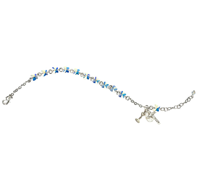 First Communion Rosary Bracelet, 6mm Aurora Borealis Swarovski Crystal Butterfly, Sterling Silver Chalice