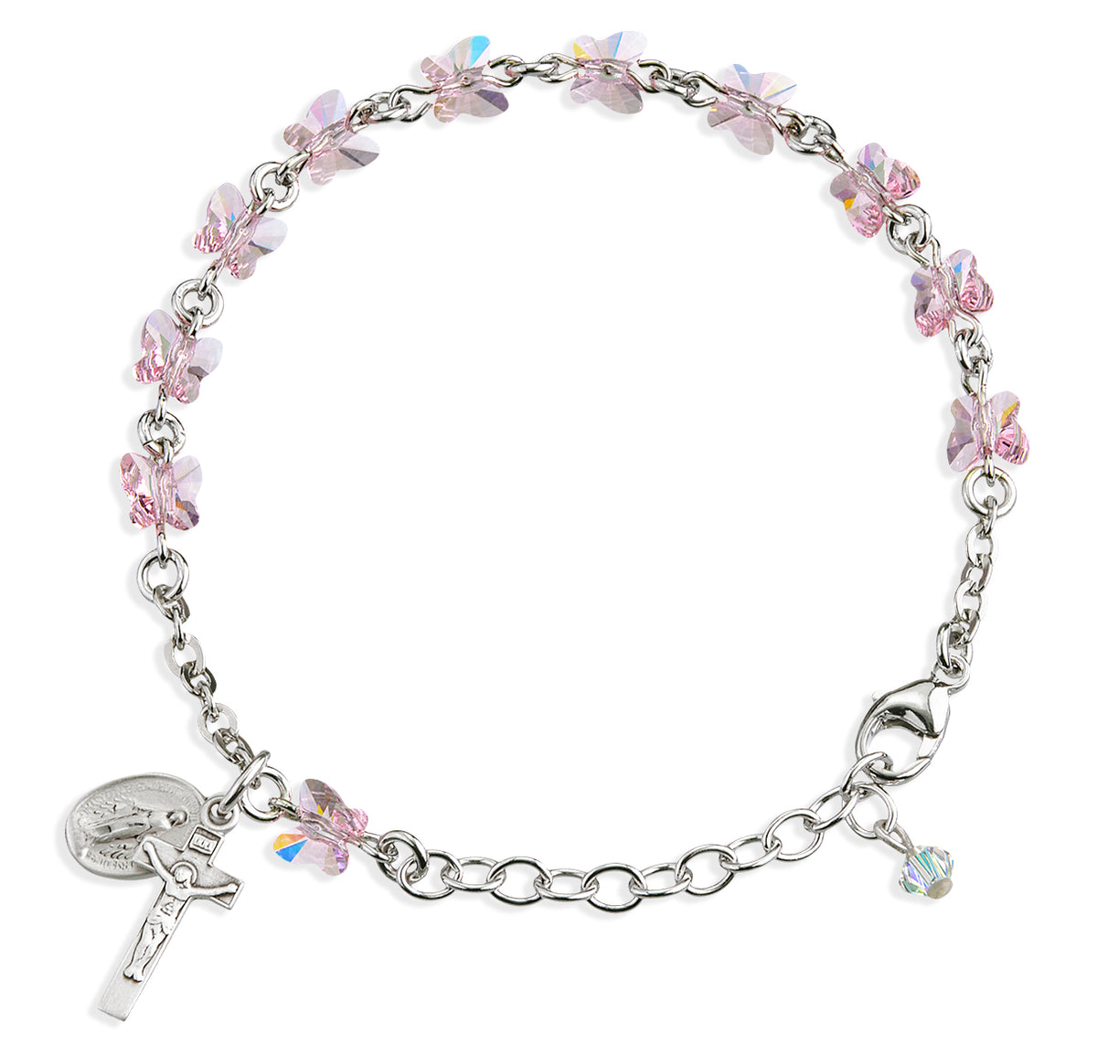 6mm Light Rose Swarovski Crystal Butterfly Rosary Bracelet, Sterling Silver Medal and Crucifix
