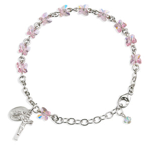 6mm Light Rose Swarovski Crystal Butterfly Rosary Bracelet, Sterling Silver Medal and Crucifix