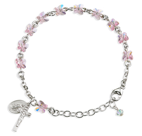 6mm Light Rose Swarovski Crystal Butterfly Rosary Bracelet, Sterling Silver Medal and Crucifix