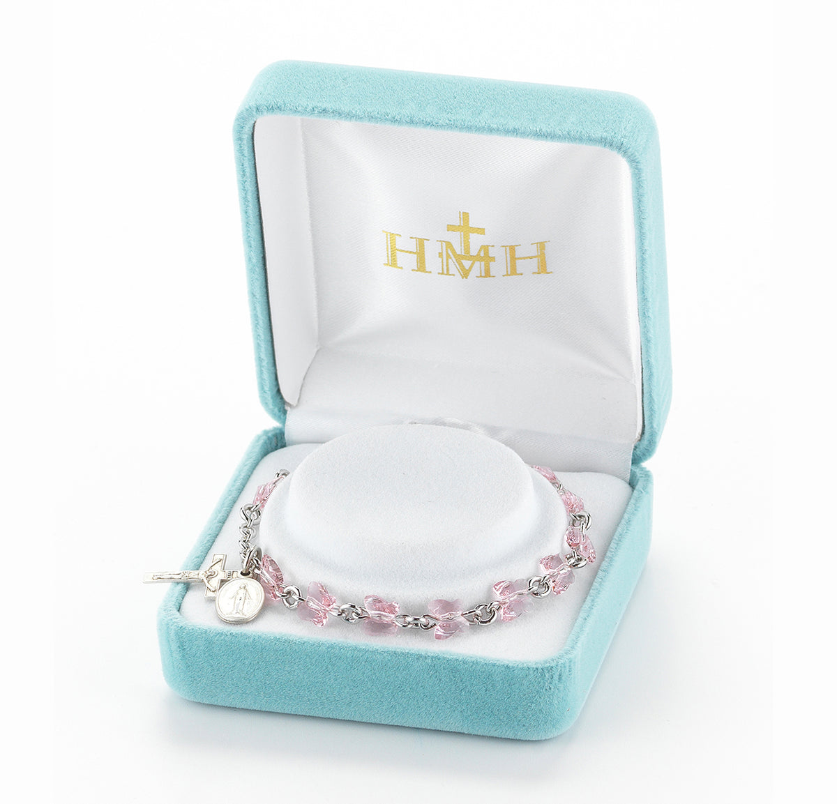 6mm Light Rose Swarovski Crystal Butterfly Rosary Bracelet, Sterling Silver Medal and Crucifix