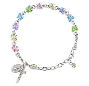6mm Multi-Color Swarovski Crystal Butterfly Rosary Bracelet, Sterling Silver Medal and Crucifix
