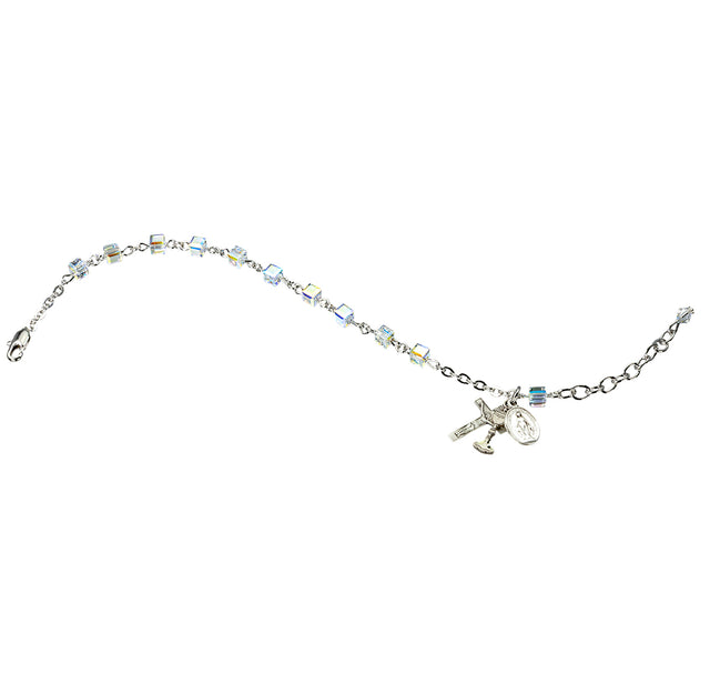 First Communion Rosary Bracelet, 4mm Aurora Borealis Swarovski Crystal Cube, Sterling Silver Chalice