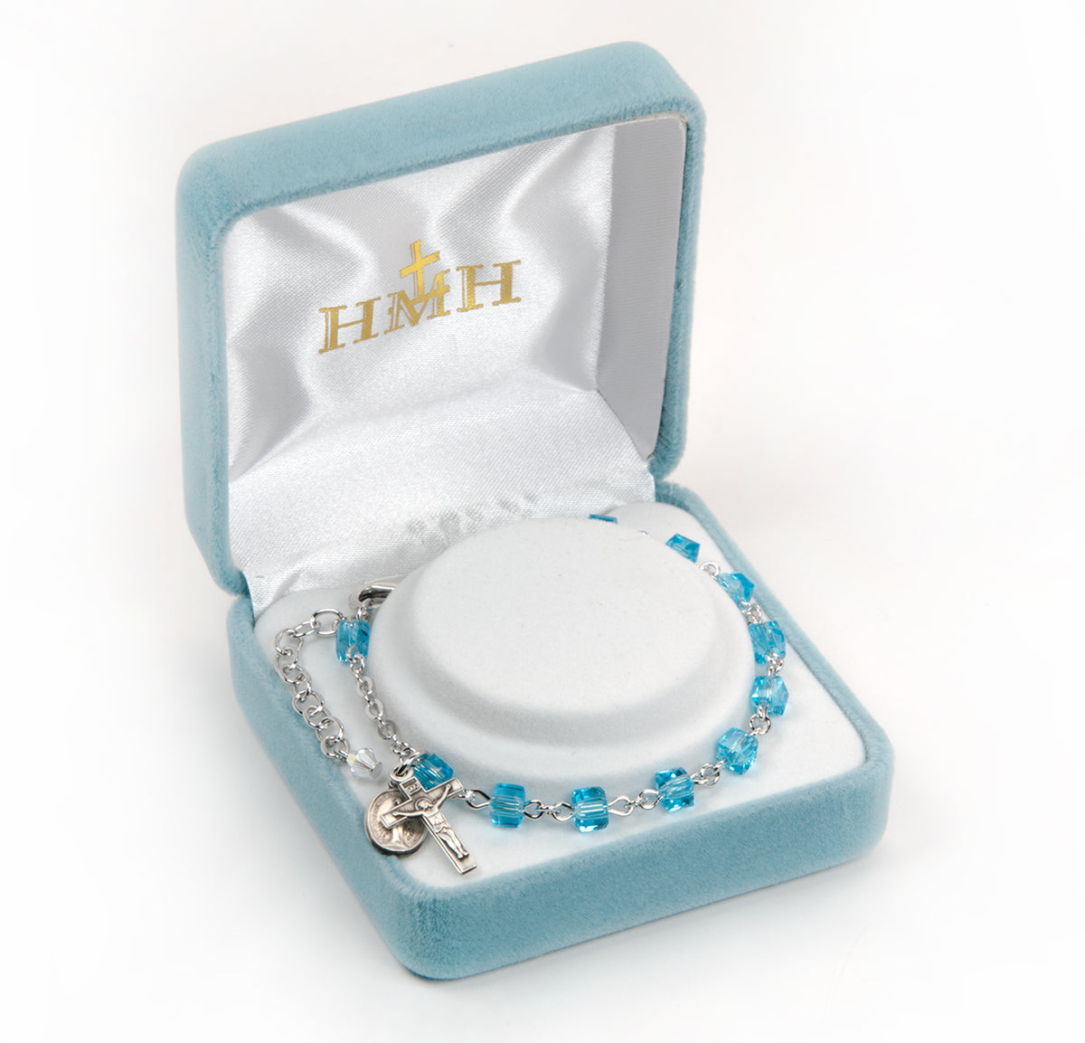 4mm Aqua Crystal Cube Rosary Bracelet, Sterling Silver Medal and Crucifix