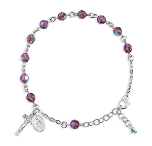6mm Amethyst Swarovski Crystal Round Rosary Bracelet, Sterling Silver Medal and Crucifix