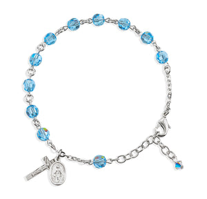 6mm Aqua Swarovski Crystal Round Rosary Bracelet, Sterling Silver Medal and Crucifix