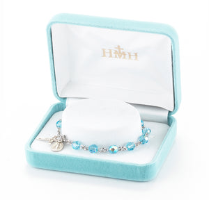 6mm Aqua Swarovski Crystal Round Rosary Bracelet, Sterling Silver Medal and Crucifix