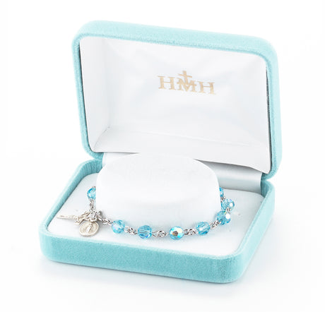 6mm Aqua Swarovski Crystal Round Rosary Bracelet, Sterling Silver Medal and Crucifix