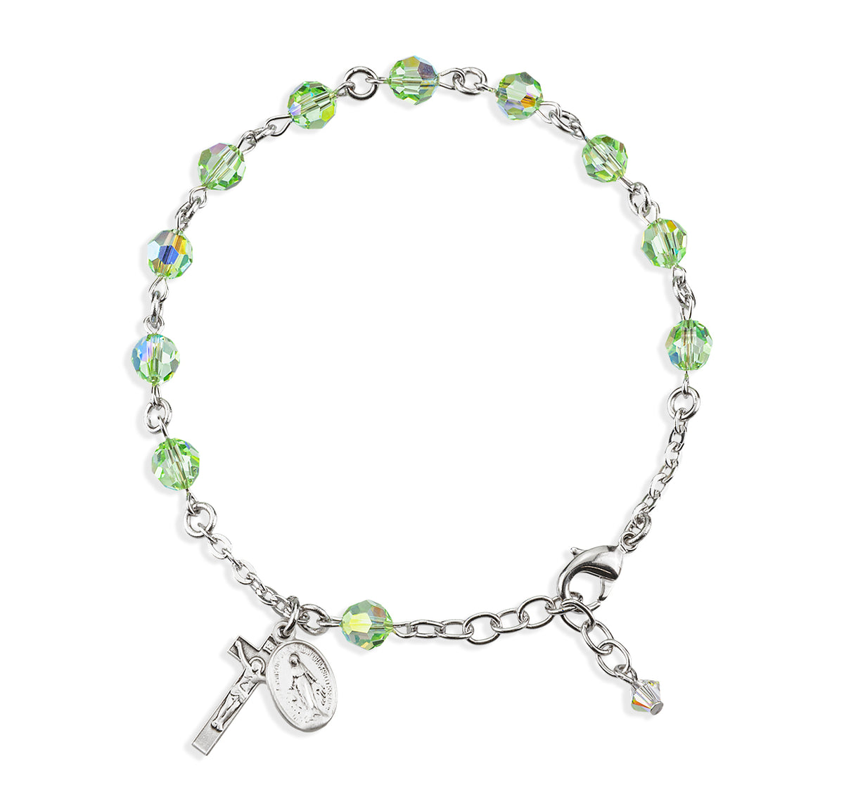 6mm Chrysolite Swarovski Crystal Round Rosary Bracelet, Sterling Silver Medal and Crucifix
