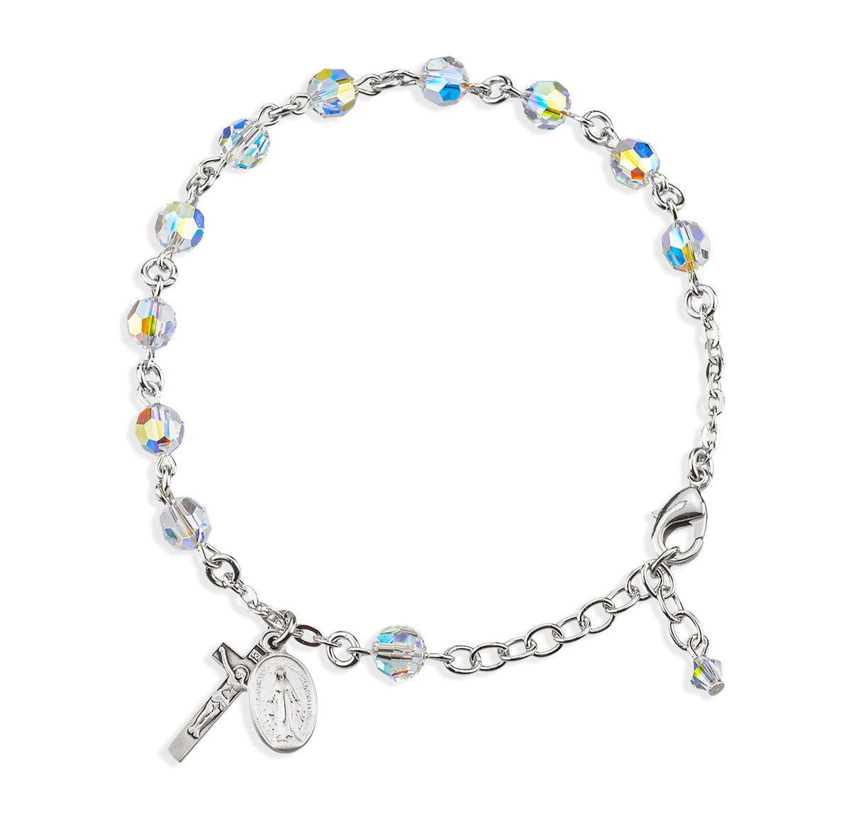 6mm Aurora Borealis Swarovski Crystal Round Rosary Bracelet, Sterling Silver Medal and Crucifix
