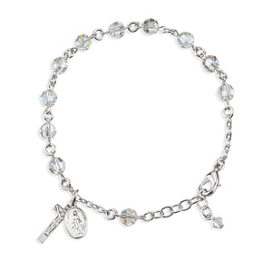 6mm Clear Swarovski Crystal Round Rosary Bracelet, Sterling Silver Medal and Crucifix