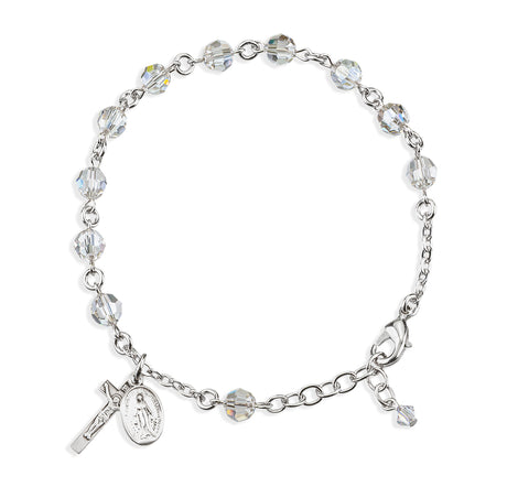 6mm Clear Swarovski Crystal Round Rosary Bracelet, Sterling Silver Medal and Crucifix