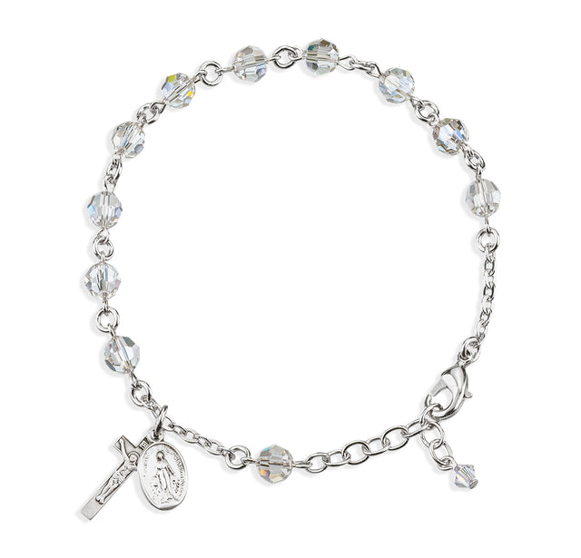 6mm Clear Swarovski Crystal Round Rosary Bracelet, Sterling Silver Medal and Crucifix