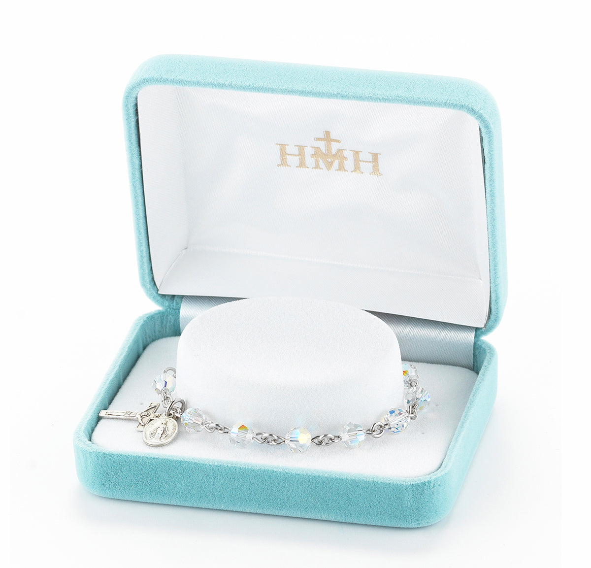 6mm Aurora Borealis Swarovski Crystal Round Rosary Bracelet, Sterling Silver Medal and Crucifix