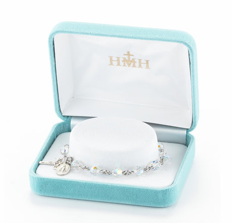 6mm Aurora Borealis Swarovski Crystal Round Rosary Bracelet, Sterling Silver Medal and Crucifix