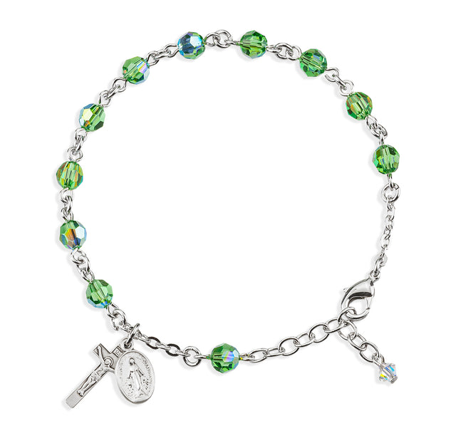 6mm Erinite Swarovski Crystal Round Rosary Bracelet, Sterling Silver Medal and Crucifix