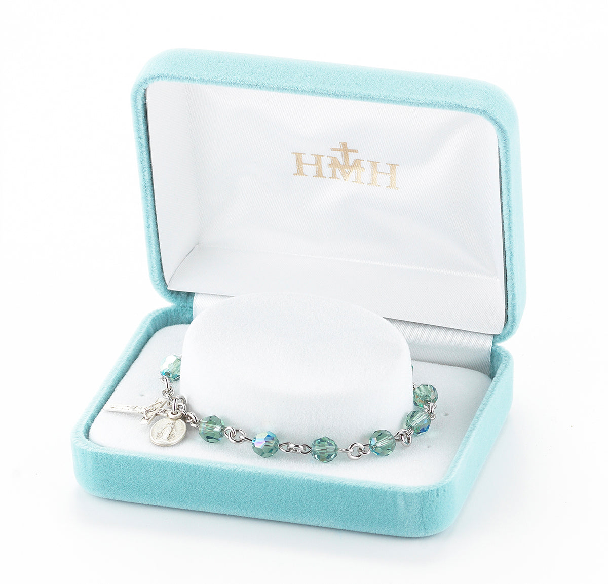 6mm Erinite Swarovski Crystal Round Rosary Bracelet, Sterling Silver Medal and Crucifix