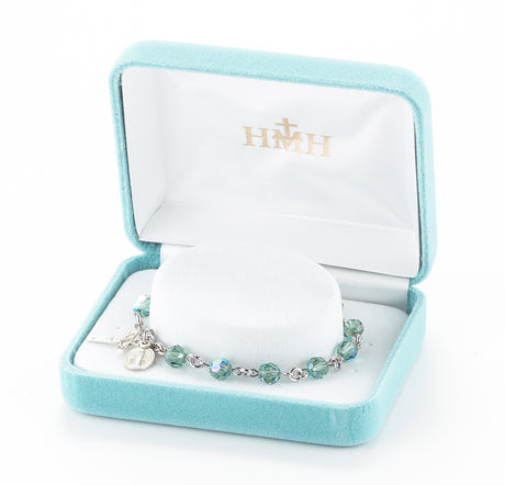 6mm Erinite Swarovski Crystal Round Rosary Bracelet, Sterling Silver Medal and Crucifix