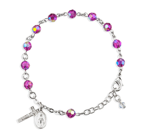 6mm Fuchsia Swarovski Crystal Round Rosary Bracelet, Sterling Silver Medal and Crucifix