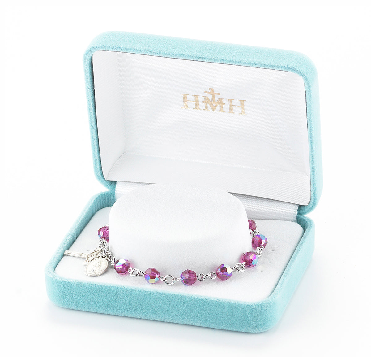 6mm Fuchsia Swarovski Crystal Round Rosary Bracelet, Sterling Silver Medal and Crucifix