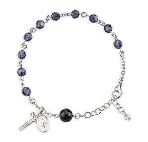 6mm Graphite Swarovski Crystal Round Rosary Bracelet, Sterling Silver Medal and Crucifix