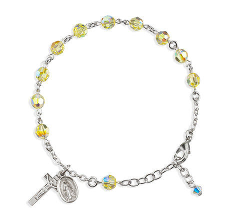 6mm Jonquil Swarovski Crystal Round Rosary Bracelet, Sterling Silver Medal and Crucifix