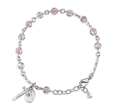 6mm Light Amethyst Swarovski Crystal Round Rosary Bracelet, Sterling Silver Medal and Crucifix