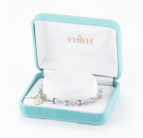 6mm Light Amethyst Swarovski Crystal Round Rosary Bracelet, Sterling Silver Medal and Crucifix