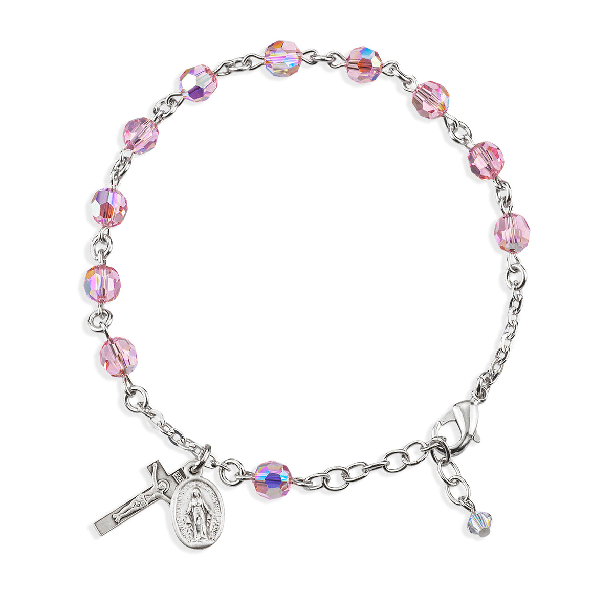 6mm Light Rose Swarovski Crystal Round Rosary Bracelet, Sterling Silver Medal and Crucifix