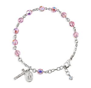 6mm Light Rose Swarovski Crystal Round Rosary Bracelet, Sterling Silver Medal and Crucifix