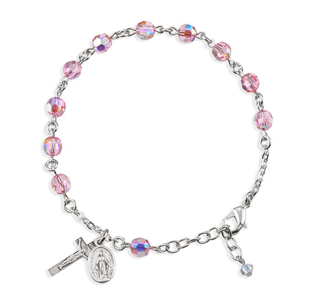6mm Light Rose Swarovski Crystal Round Rosary Bracelet, Sterling Silver Medal and Crucifix