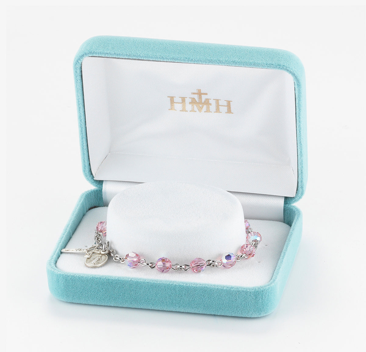 6mm Light Rose Swarovski Crystal Round Rosary Bracelet, Sterling Silver Medal and Crucifix