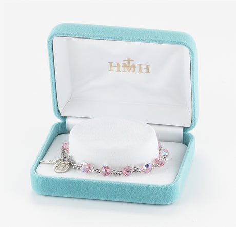6mm Light Rose Swarovski Crystal Round Rosary Bracelet, Sterling Silver Medal and Crucifix
