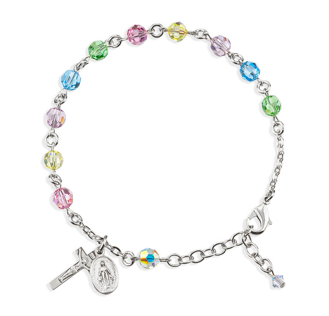6mm Multi-Color Swarovski Crystal Round Rosary Bracelet, Sterling Silver Medal and Crucifix
