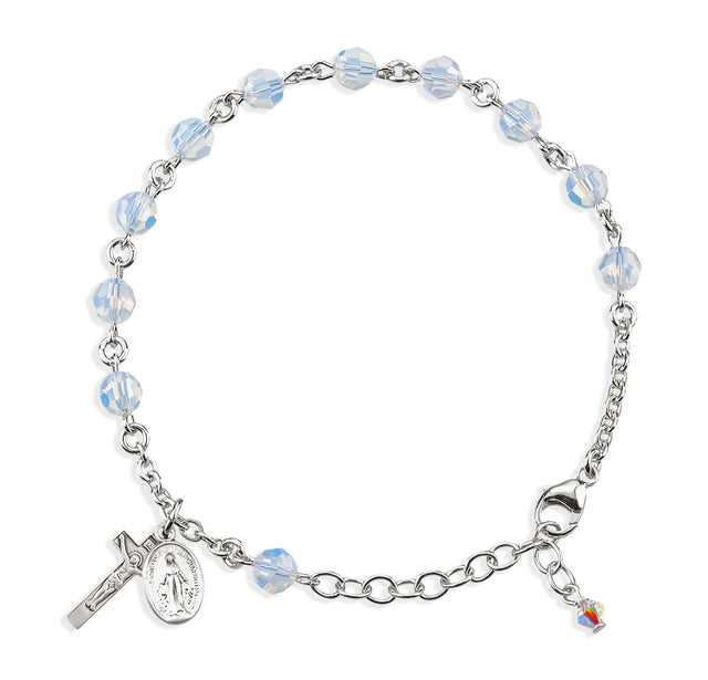 6mm Opal Swarovski Crystal Round Rosary Bracelet, Sterling Silver Medal and Crucifix