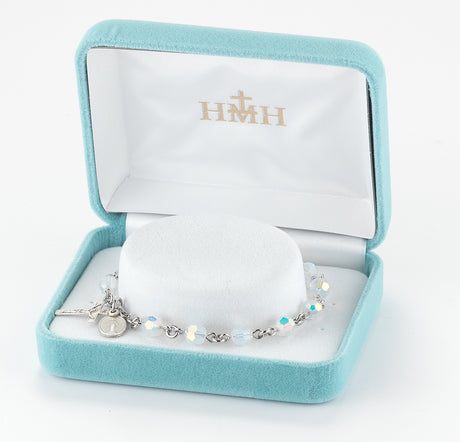 6mm Opal Swarovski Crystal Round Rosary Bracelet, Sterling Silver Medal and Crucifix