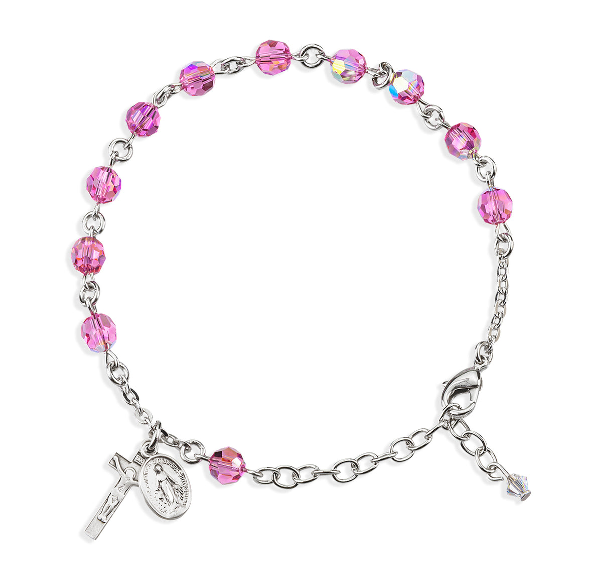 6mm Pink Swarovski Crystal Round Rosary Bracelet, Sterling Silver Medal and Crucifix