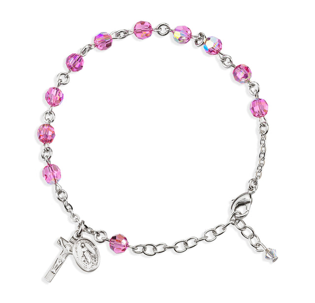 6mm Pink Swarovski Crystal Round Rosary Bracelet, Sterling Silver Medal and Crucifix
