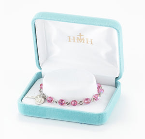 6mm Pink Swarovski Crystal Round Rosary Bracelet, Sterling Silver Medal and Crucifix