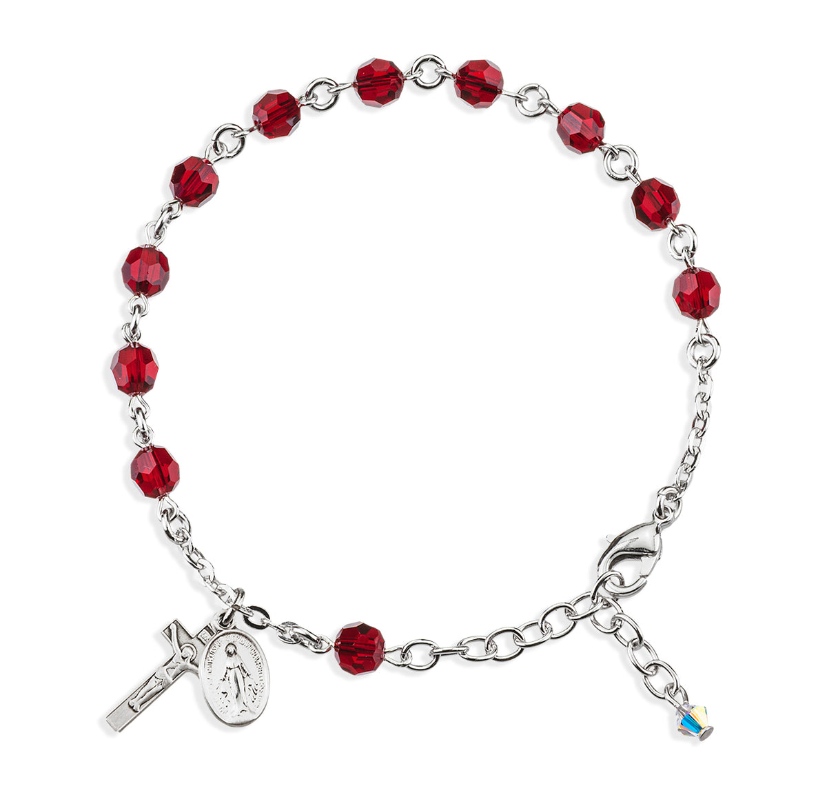 6mm Ruby Swarovski Crystal Round Rosary Bracelet, Sterling Silver Medal and Crucifix