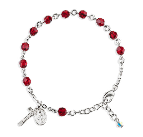 6mm Ruby Swarovski Crystal Round Rosary Bracelet, Sterling Silver Medal and Crucifix