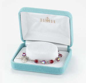 6mm Ruby Swarovski Crystal Round Rosary Bracelet, Sterling Silver Medal and Crucifix
