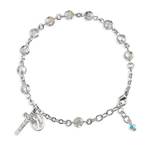6mm Smoked Swarovski Crystal Round Rosary Bracelet, Sterling Silver Medal and Crucifix