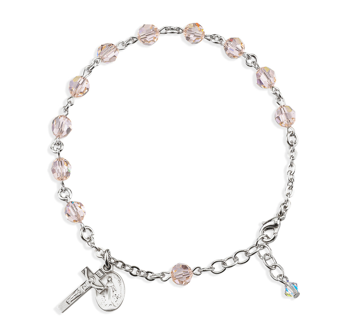 6mm Silk Swarovski Crystal Round Rosary Bracelet, Sterling Silver Medal and Crucifix