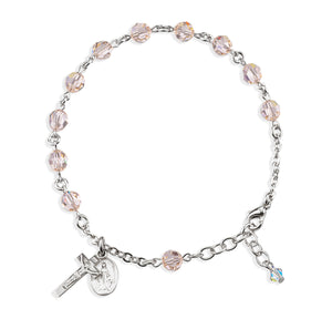 6mm Silk Swarovski Crystal Round Rosary Bracelet, Sterling Silver Medal and Crucifix