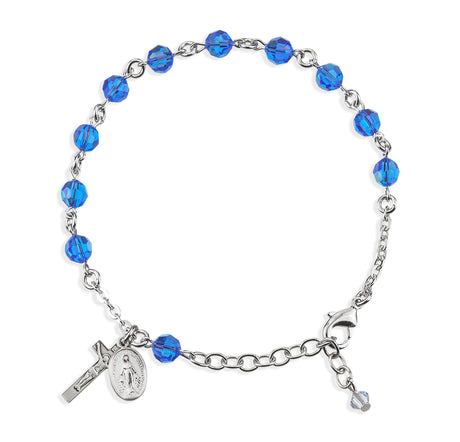 6mm Sapphire Swarovski Crystal Round Rosary Bracelet, Sterling Silver Medal and Crucifix