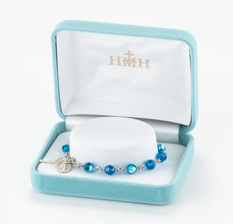 6mm Sapphire Swarovski Crystal Round Rosary Bracelet, Sterling Silver Medal and Crucifix