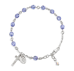 6mm Tanzanite Swarovski Crystal Round Rosary Bracelet, Sterling Silver Medal and Crucifix
